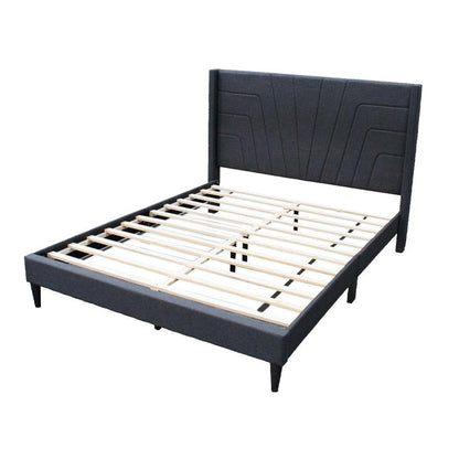 Benjara Nny Queen Size Bed with Tufted Headboard, Charcoal Burlap Upholstery, Wood