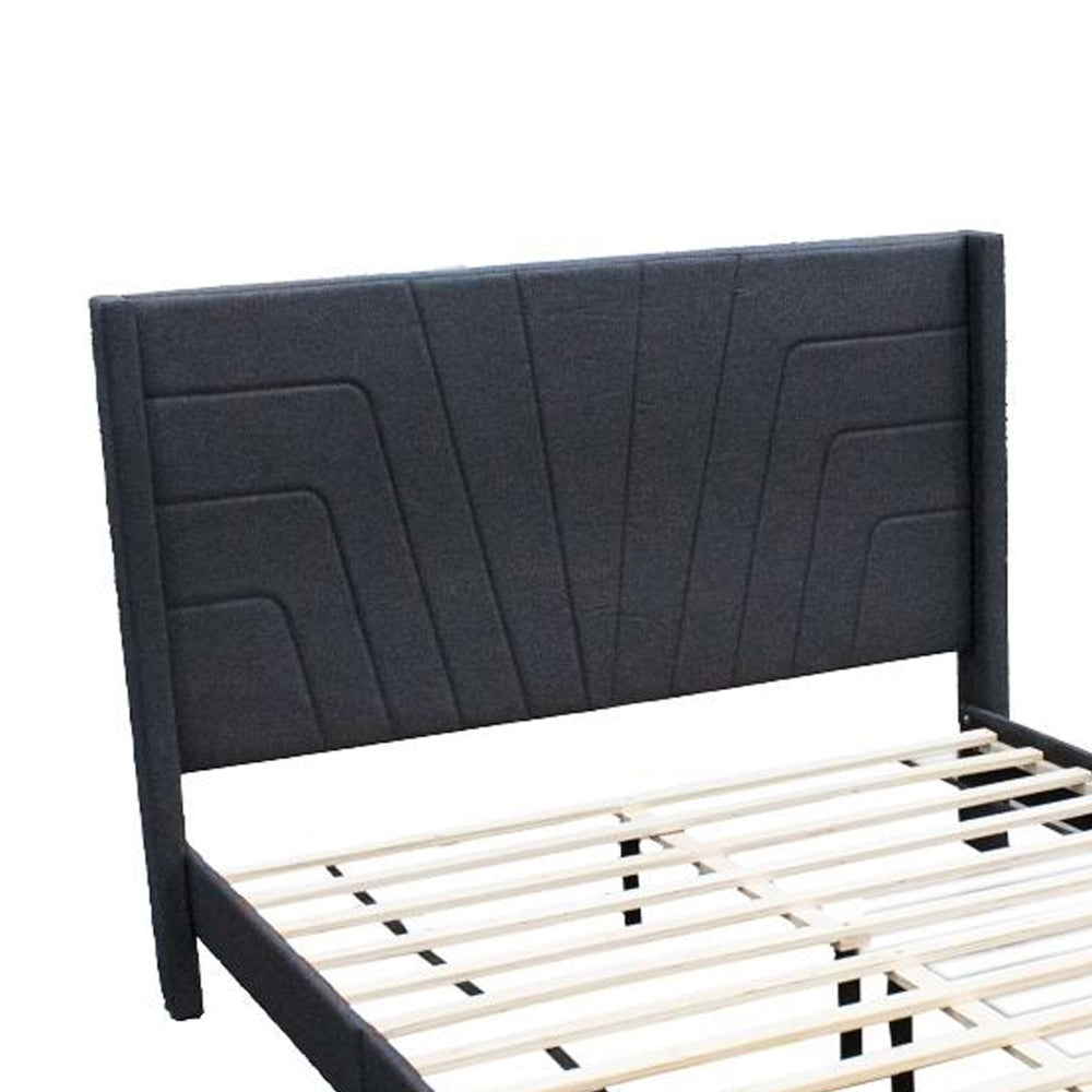 Benjara Nny Queen Size Bed with Tufted Headboard, Charcoal Burlap Upholstery, Wood