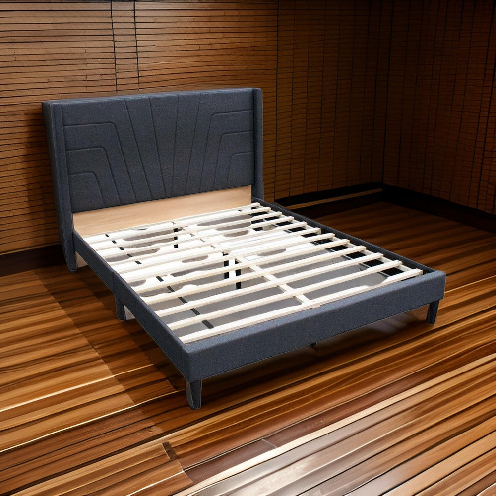 Benjara Nny Queen Size Bed with Tufted Headboard, Charcoal Burlap Upholstery, Wood