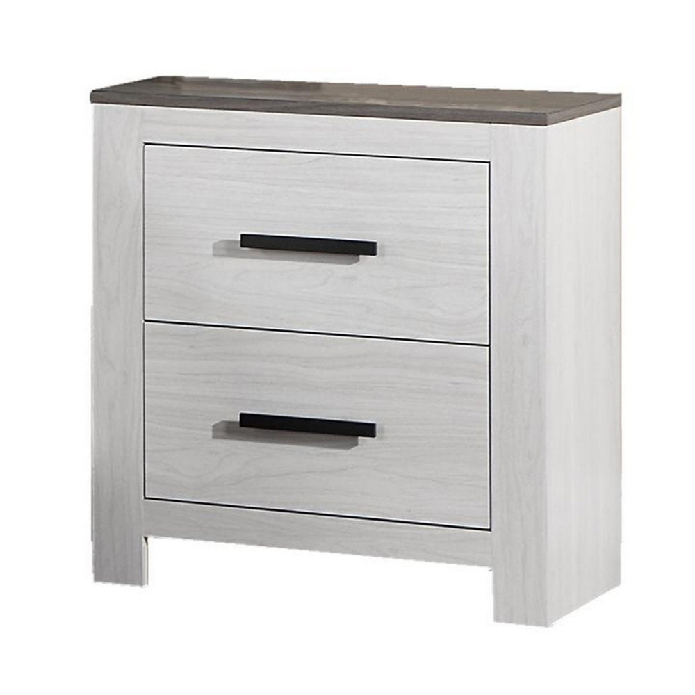 Benjara Kopa 26 Inch Nightstand with 2 Drawers, Black Handles, White Wood Finish