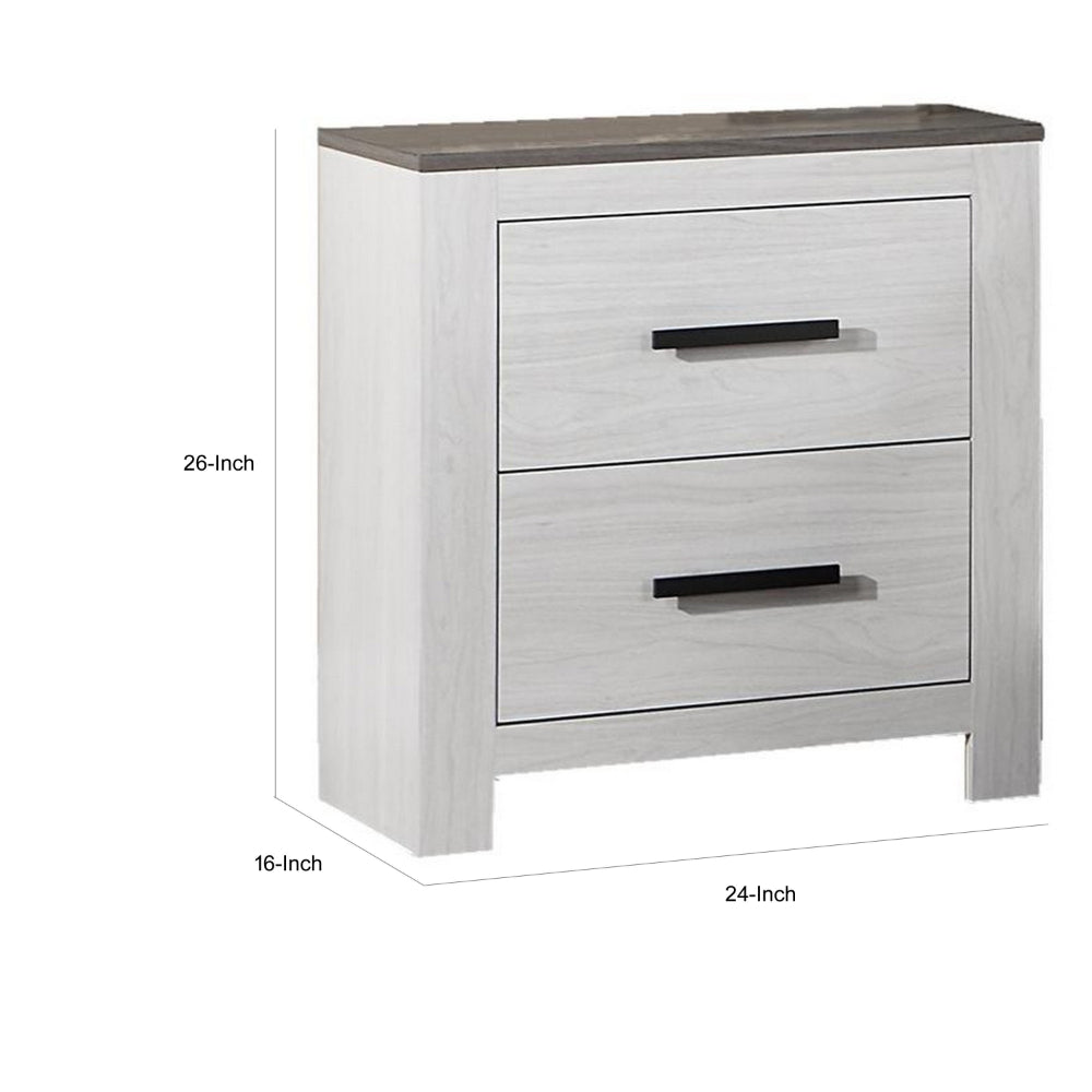 Benjara Kopa 26 Inch Nightstand with 2 Drawers, Black Handles, White Wood Finish