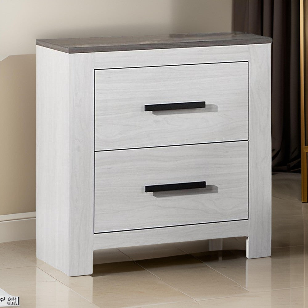 Benjara Kopa 26 Inch Nightstand with 2 Drawers, Black Handles, White Wood Finish