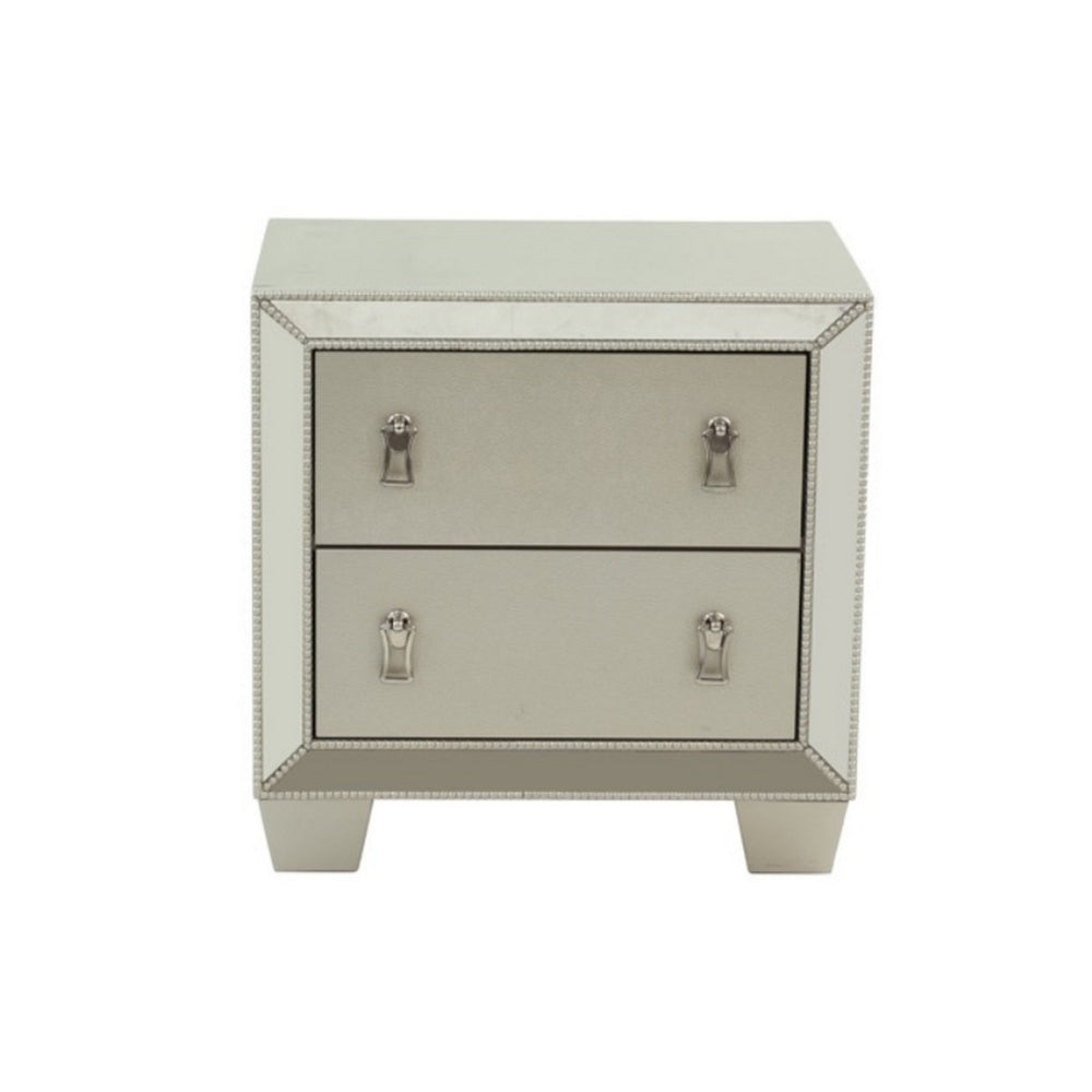 Benjara Dem 26 Inch Nightstand with 2 Drawers, Platinum Trim, Silver Wood Finish