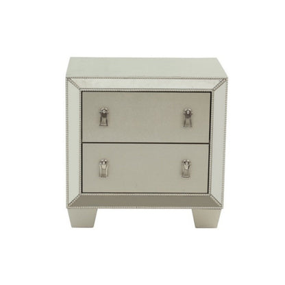 Benjara Dem 26 Inch Nightstand with 2 Drawers, Platinum Trim, Silver Wood Finish
