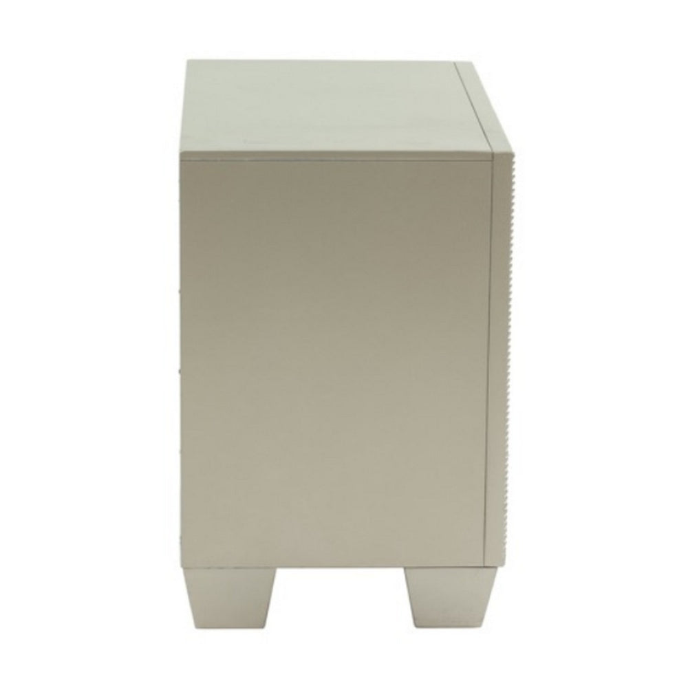 Benjara Dem 26 Inch Nightstand with 2 Drawers, Platinum Trim, Silver Wood Finish