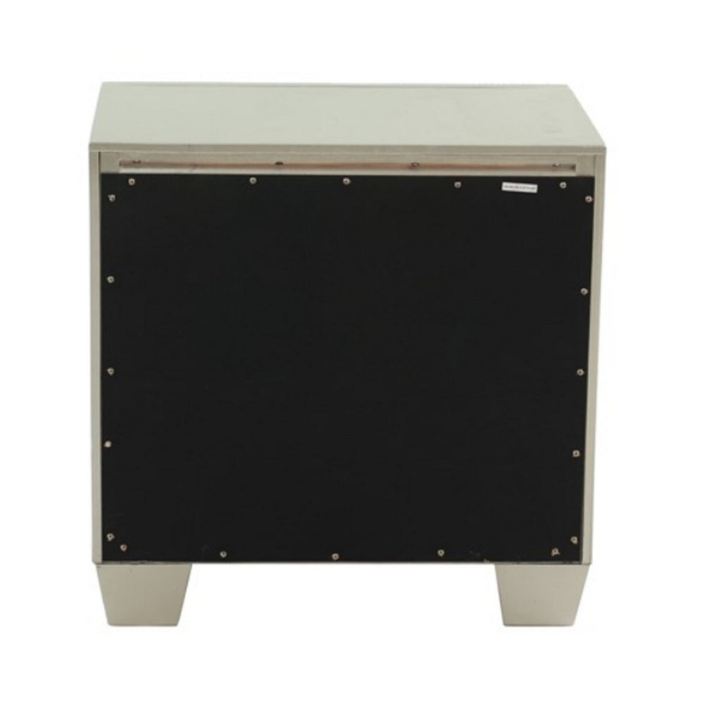 Benjara Dem 26 Inch Nightstand with 2 Drawers, Platinum Trim, Silver Wood Finish