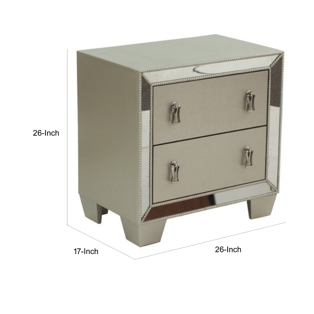 Benjara Dem 26 Inch Nightstand with 2 Drawers, Platinum Trim, Silver Wood Finish