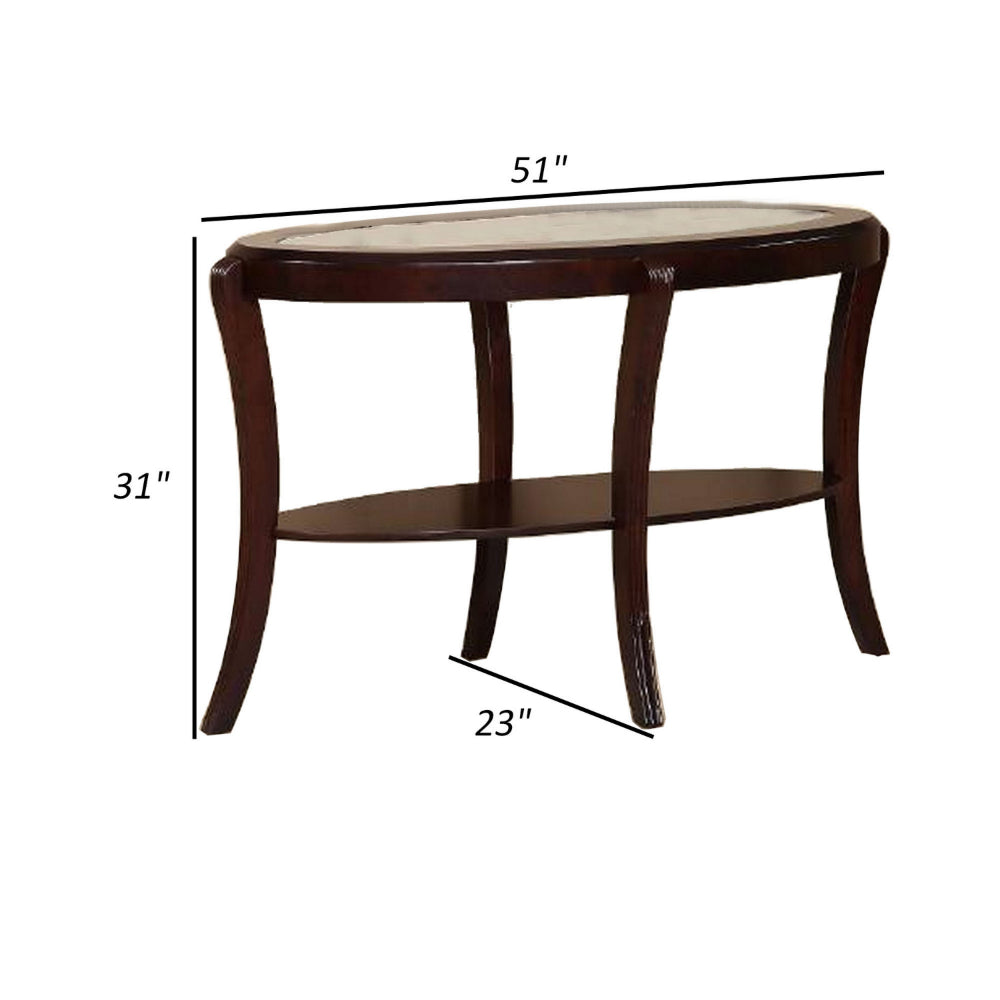 Benjara Lyn 51 Inch Console Table with Oval Glass Top And Lower Shelf, Brown Wood