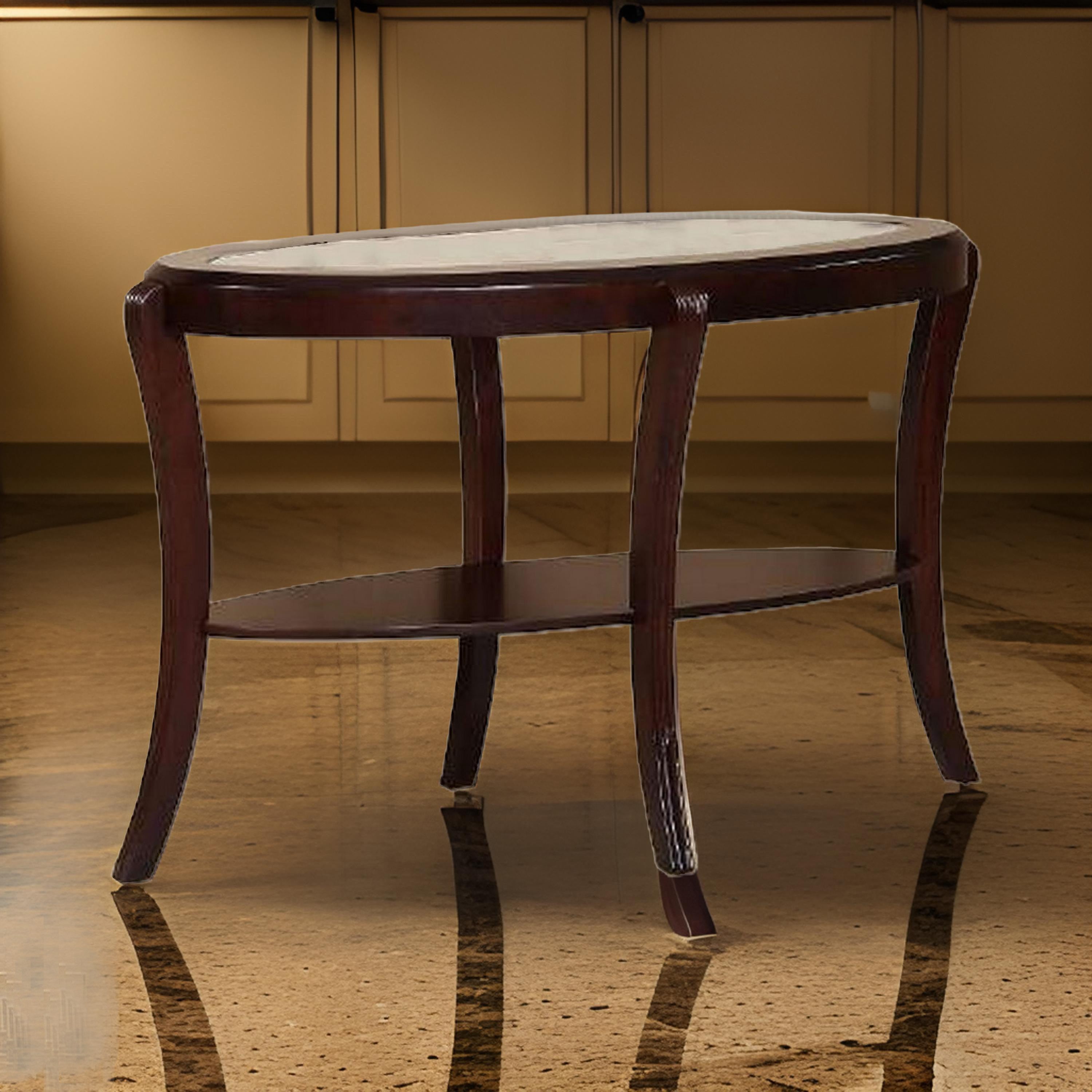 Benjara Lyn 51 Inch Console Table with Oval Glass Top And Lower Shelf, Brown Wood