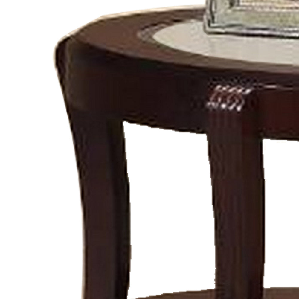 Benjara Lyn 31 Inch Side End Table with Oval Glass Top And Lower Shelf, Brown Wood