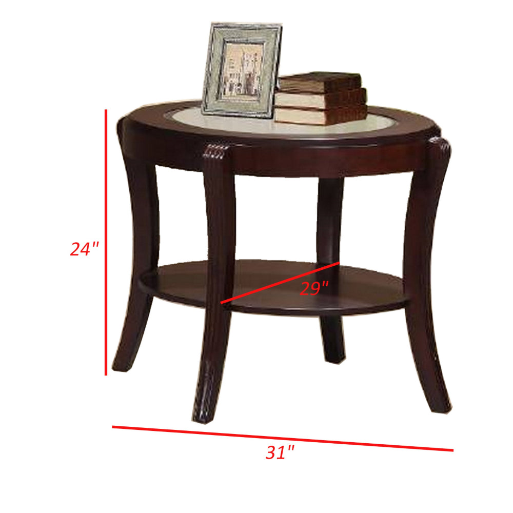 Benjara Lyn 31 Inch Side End Table with Oval Glass Top And Lower Shelf, Brown Wood
