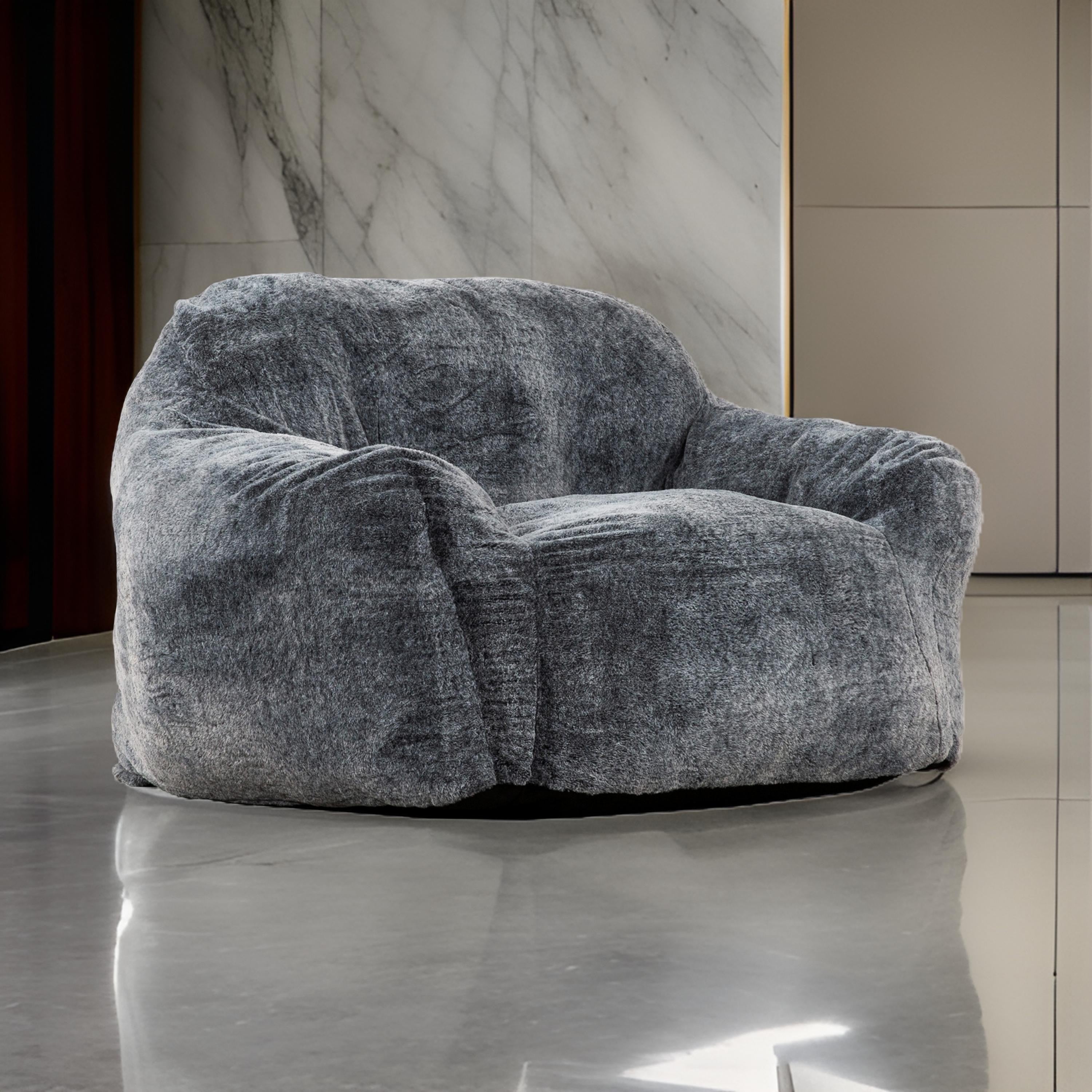 Benjara 45 Inch Bean Bag Chair, Memory Foam, Faux Rabbit Fur, Grayish Blue