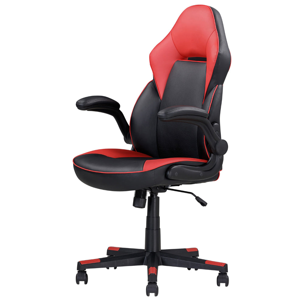 Benjara 28 Inch Office Gaming Chair, 360 Degree Swivel, Black, Red Faux Leather