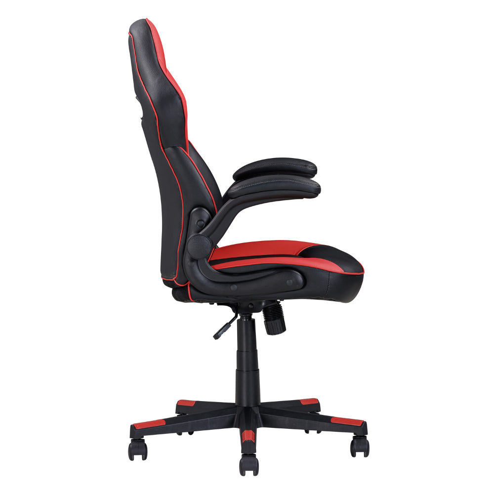Benjara 28 Inch Office Gaming Chair, 360 Degree Swivel, Black, Red Faux Leather