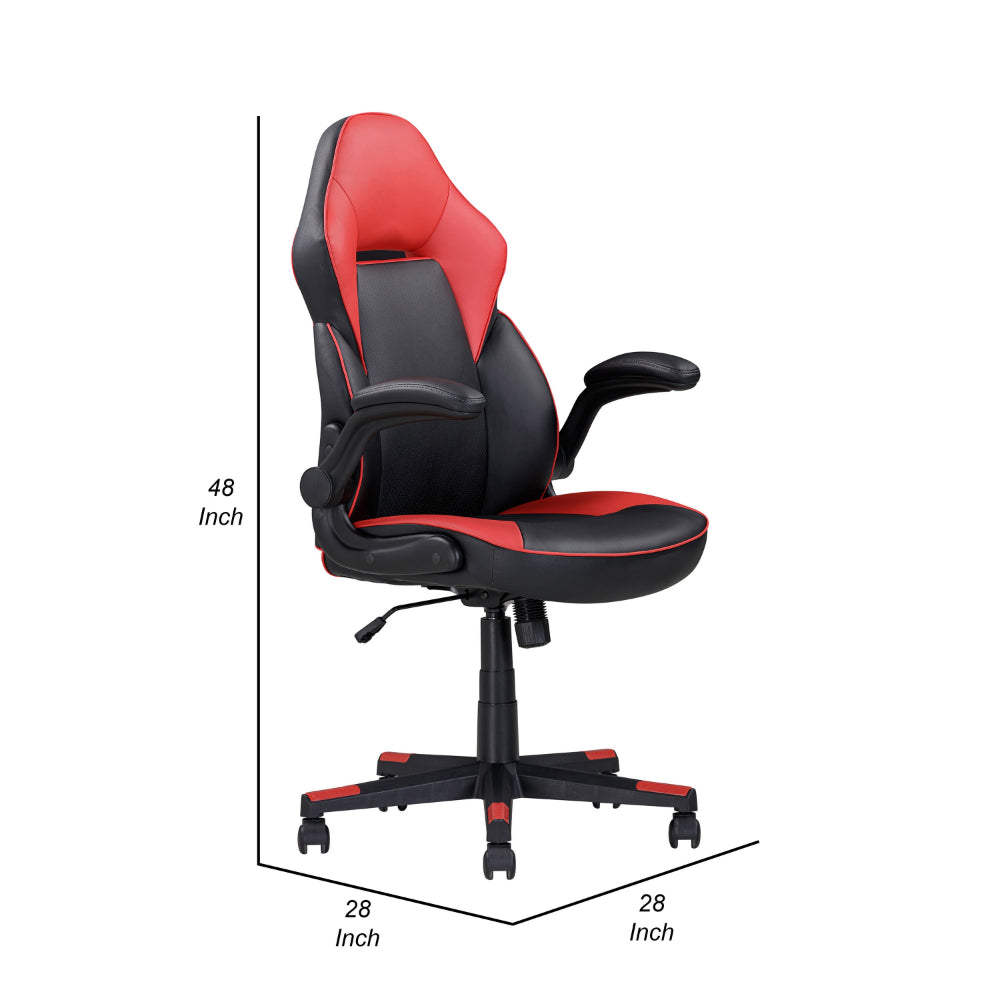 Benjara 28 Inch Office Gaming Chair, 360 Degree Swivel, Black, Red Faux Leather