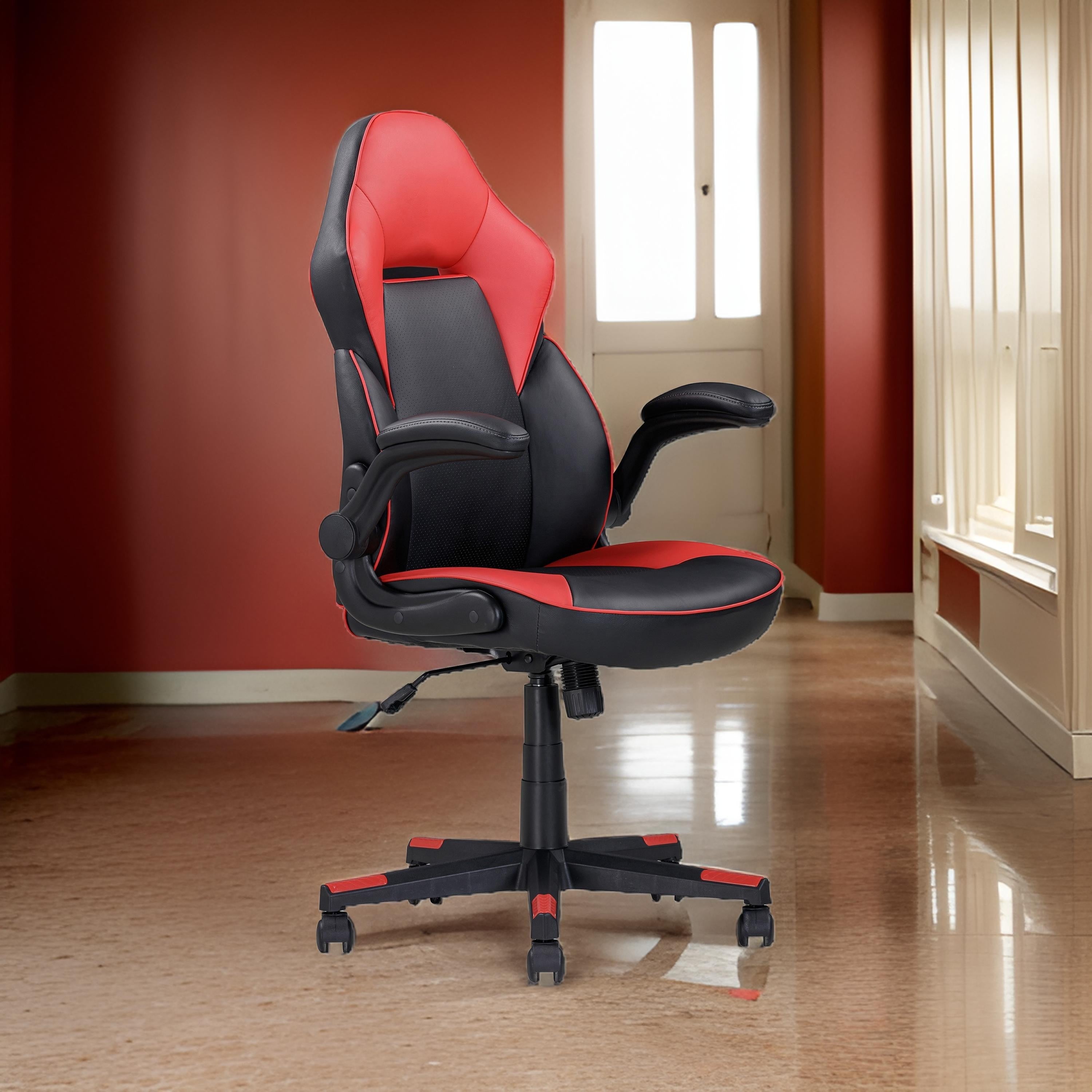 Benjara 28 Inch Office Gaming Chair, 360 Degree Swivel, Black, Red Faux Leather