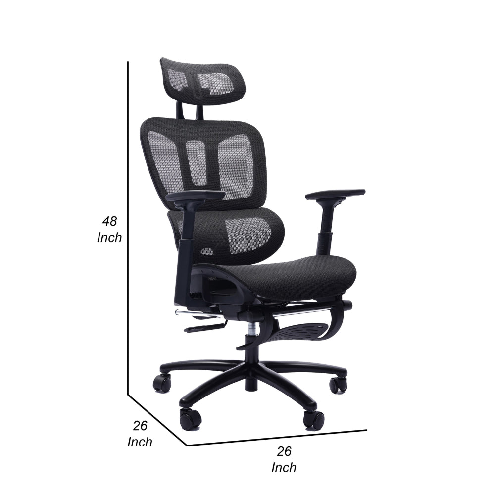 Benjara 26 Inch Office Chair, Reclining, Footrest, Caster Wheels, Black Mesh
