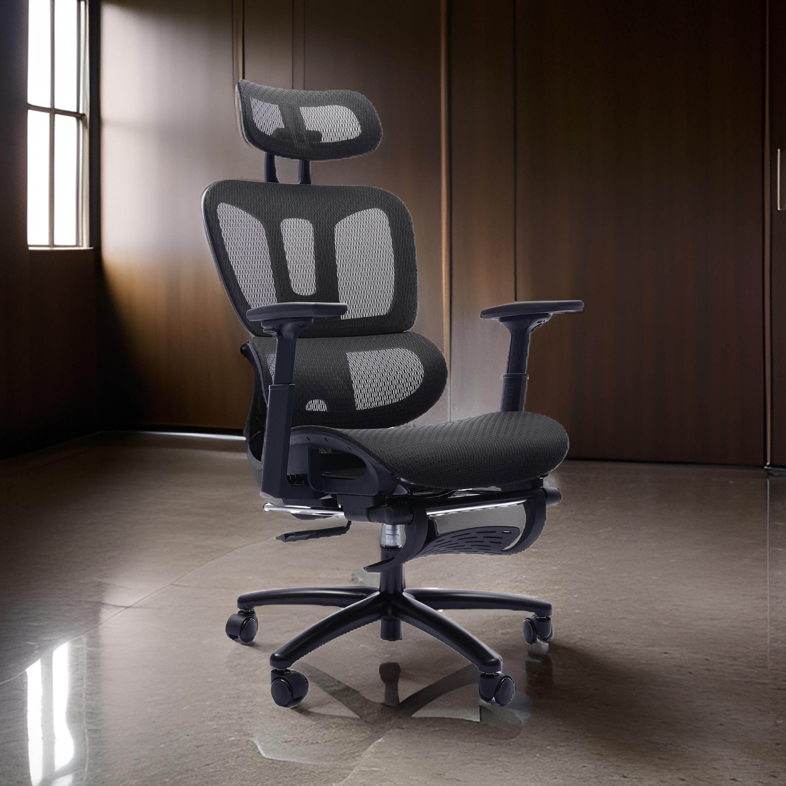 Benjara 26 Inch Office Chair, Reclining, Footrest, Caster Wheels, Black Mesh