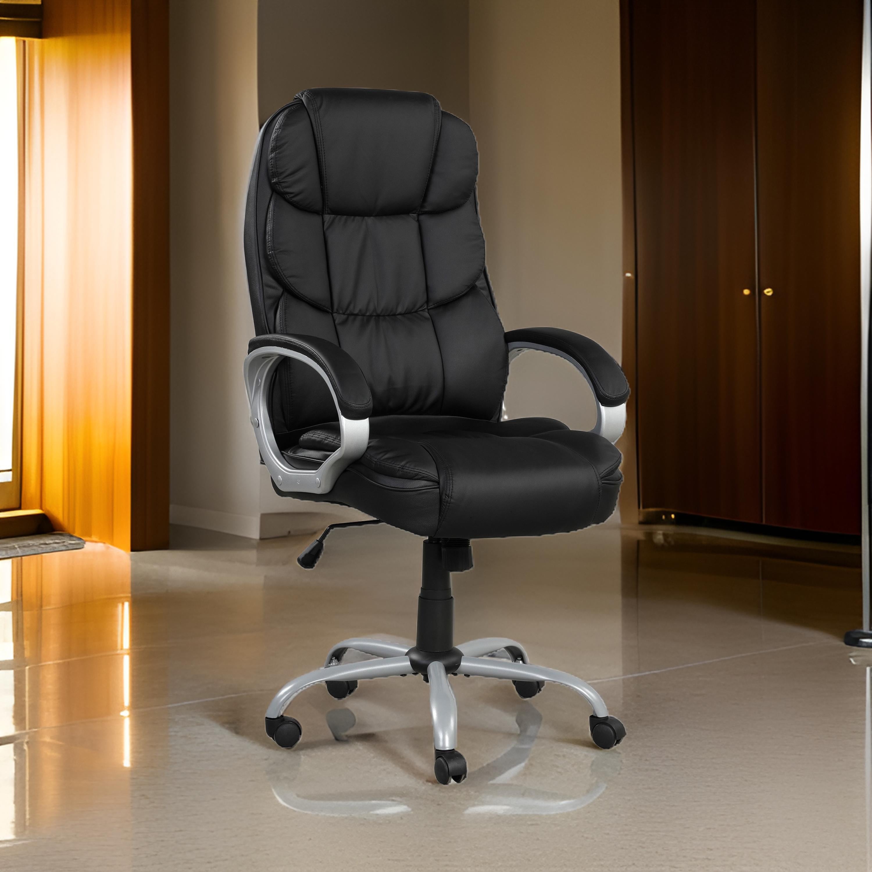 Benjara 30 Inch Office Chair, 360 Degree Swivel, Cushioned Black Faux Leather
