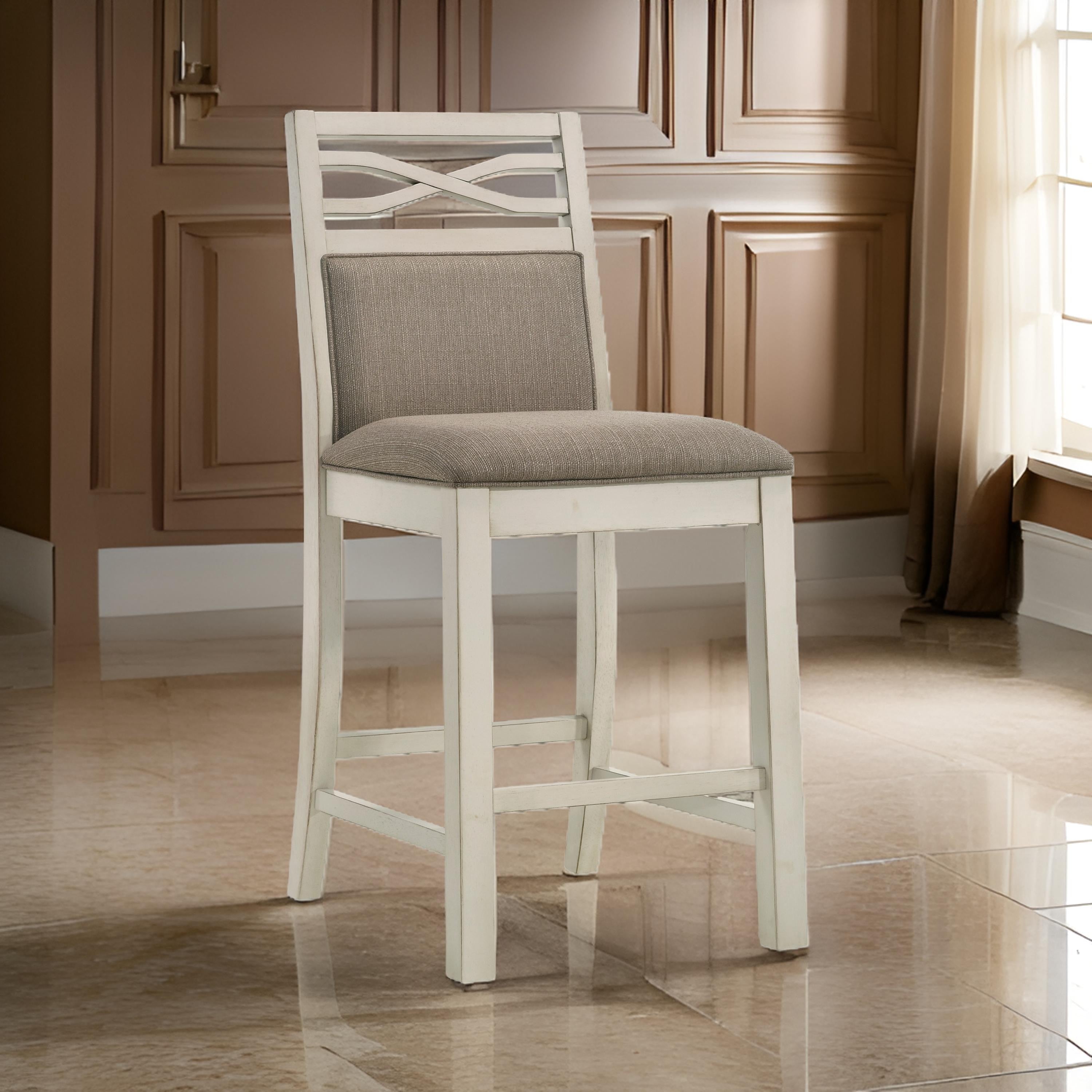 Benjara Marie 26 Inch Counter Height Chair, Khaki Fabric Seat, Back, Beige, Set of 2