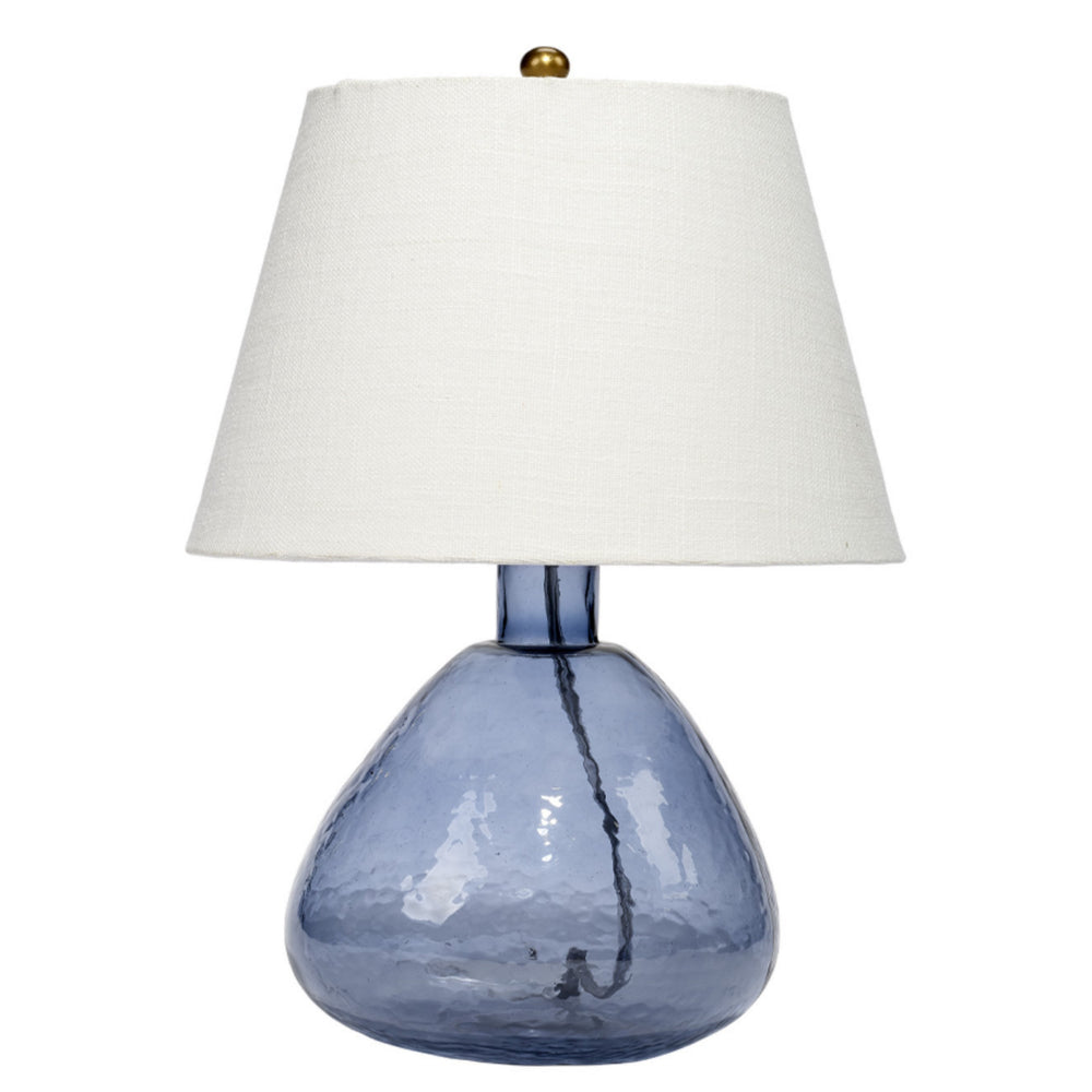 Benjara Navi 17 Inch Table Lamp, White Linen Drum Shade, Blue Glass Curved Body