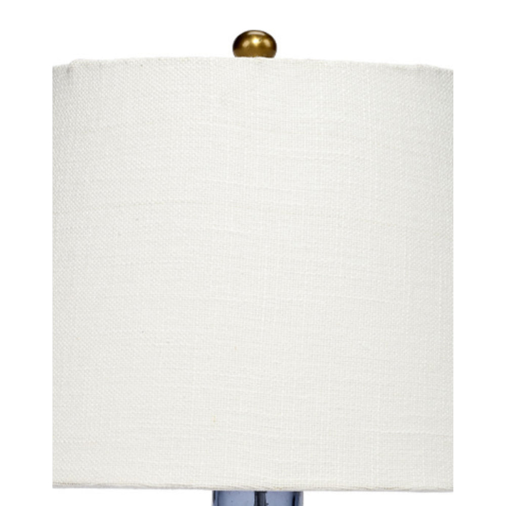 Benjara Navi 17 Inch Table Lamp, White Linen Drum Shade, Blue Glass Curved Body