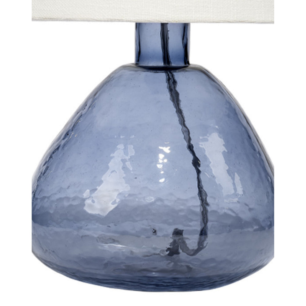 Benjara Navi 17 Inch Table Lamp, White Linen Drum Shade, Blue Glass Curved Body
