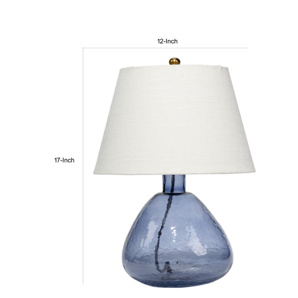 Benjara Navi 17 Inch Table Lamp, White Linen Drum Shade, Blue Glass Curved Body