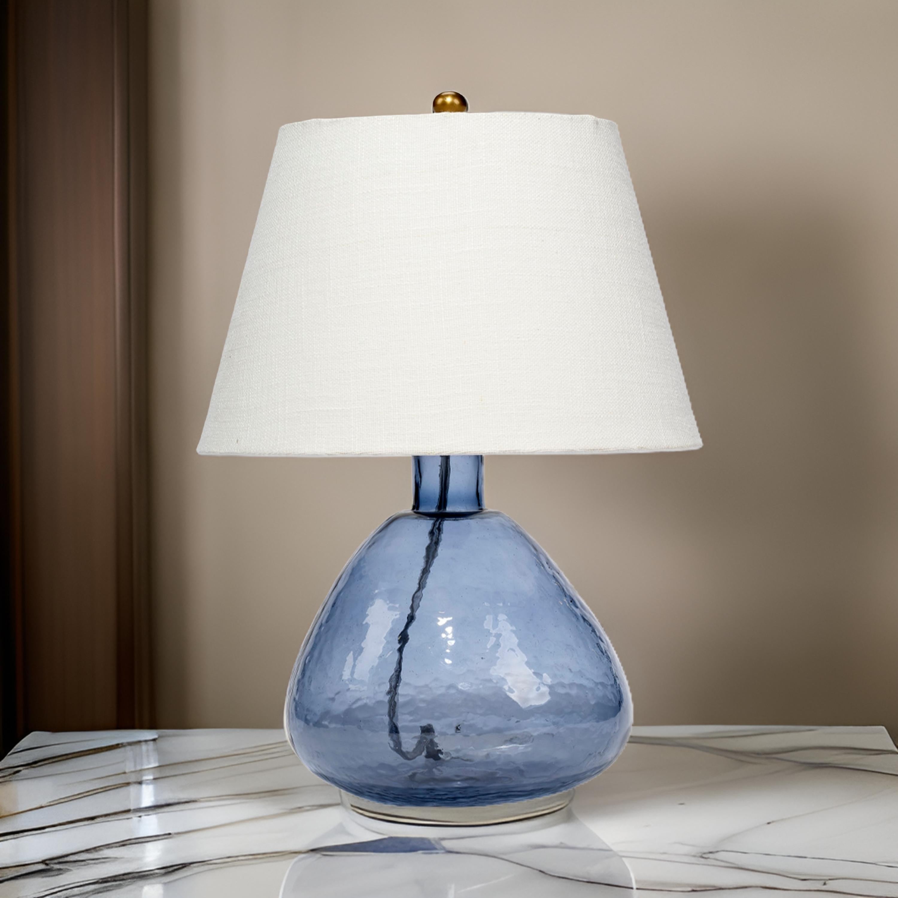 Benjara Navi 17 Inch Table Lamp, White Linen Drum Shade, Blue Glass Curved Body