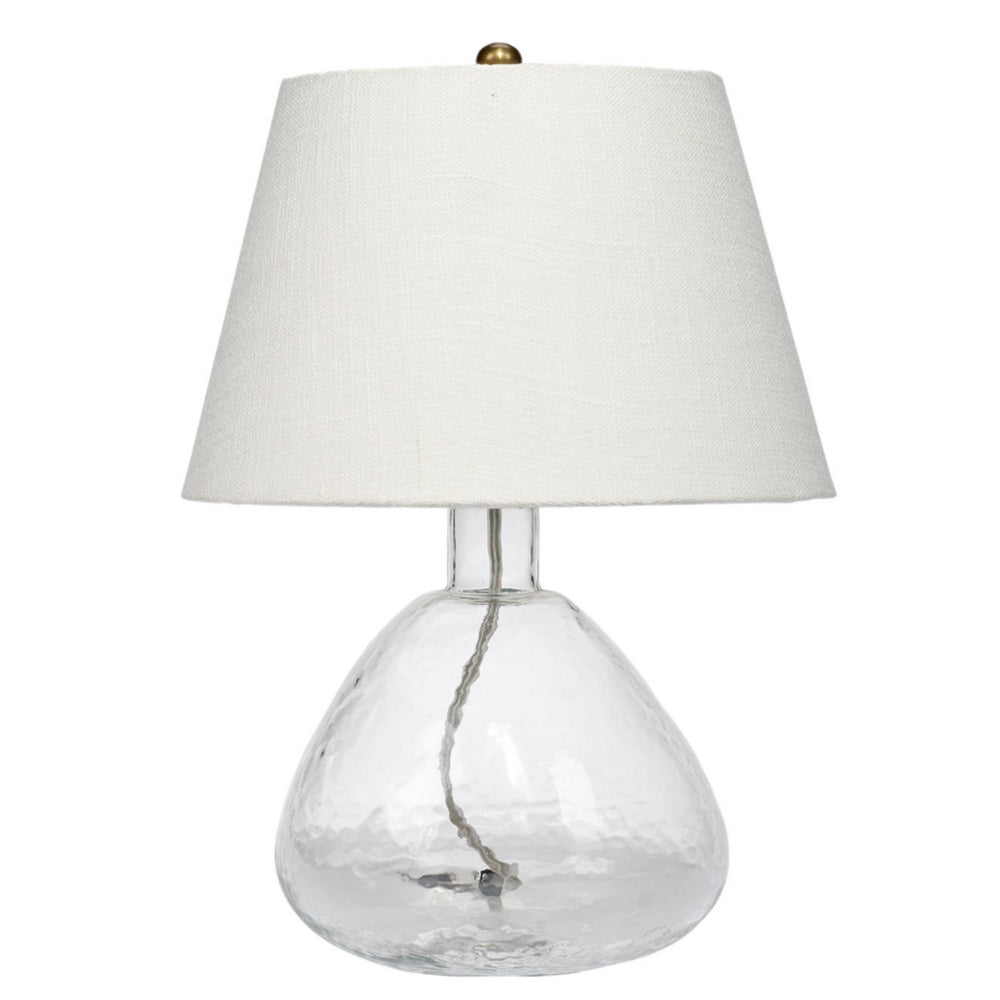 Benjara Navi 17 Inch Table Lamp, White Linen Drum Shade, Clear Glass Curved Body