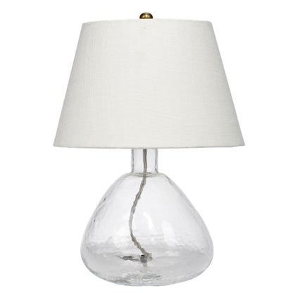 Benjara Navi 17 Inch Table Lamp, White Linen Drum Shade, Clear Glass Curved Body