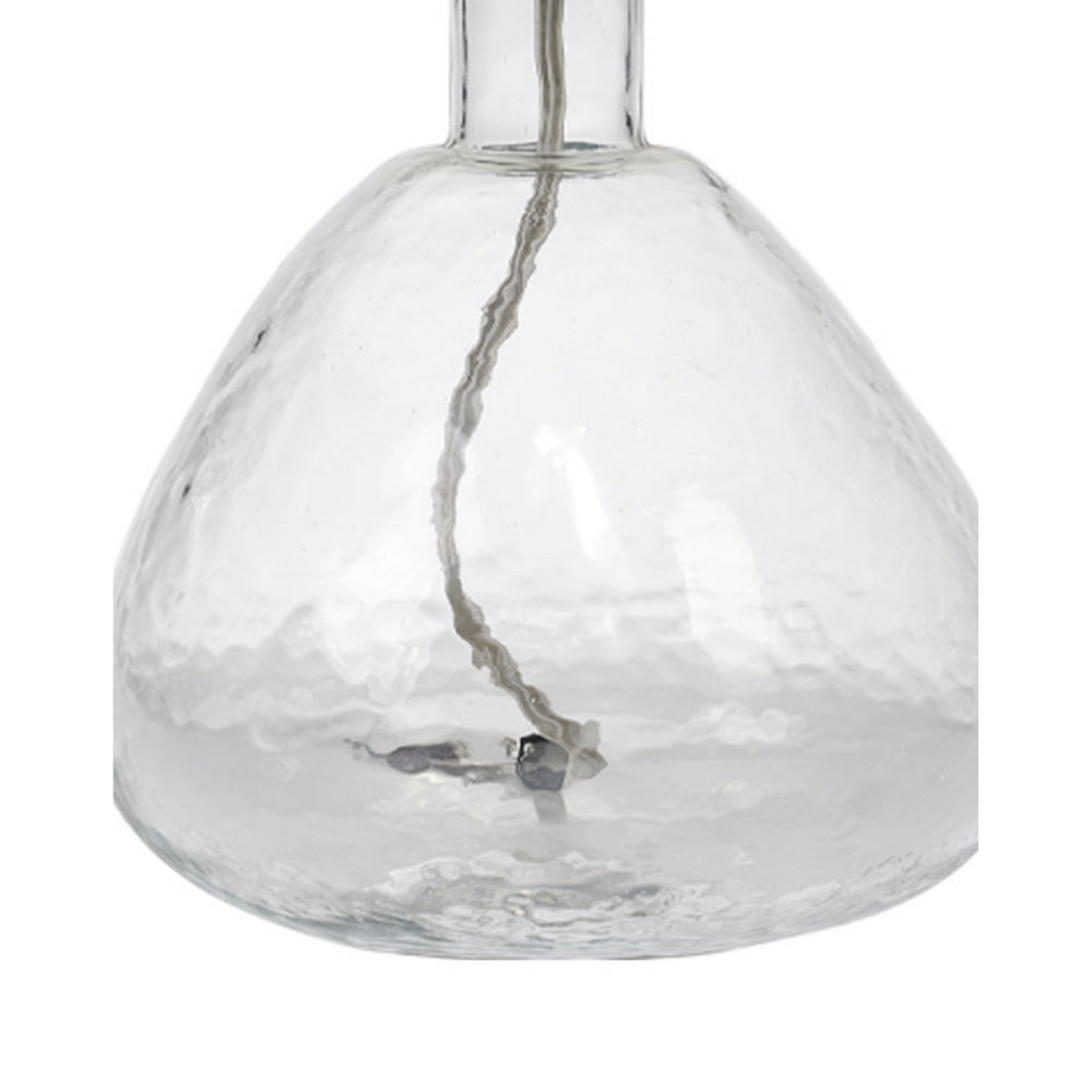 Benjara Navi 17 Inch Table Lamp, White Linen Drum Shade, Clear Glass Curved Body