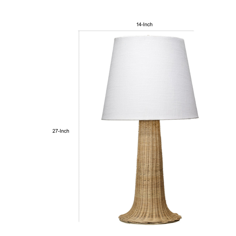 Benjara 27 Inch Table Lamp, Tree Trunk Base, Tapered Shade, White, Natural Brown