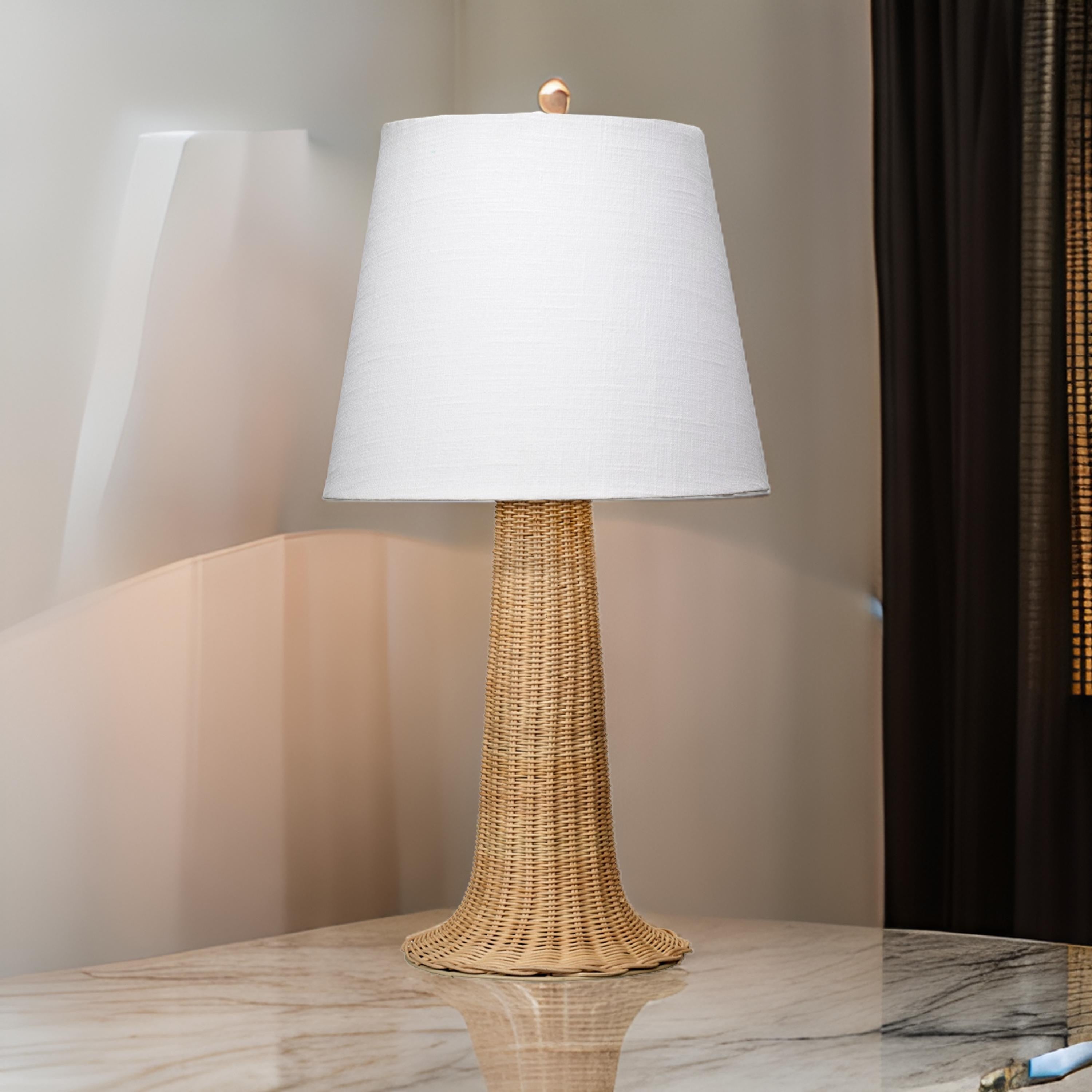 Benjara 27 Inch Table Lamp, Tree Trunk Base, Tapered Shade, White, Natural Brown