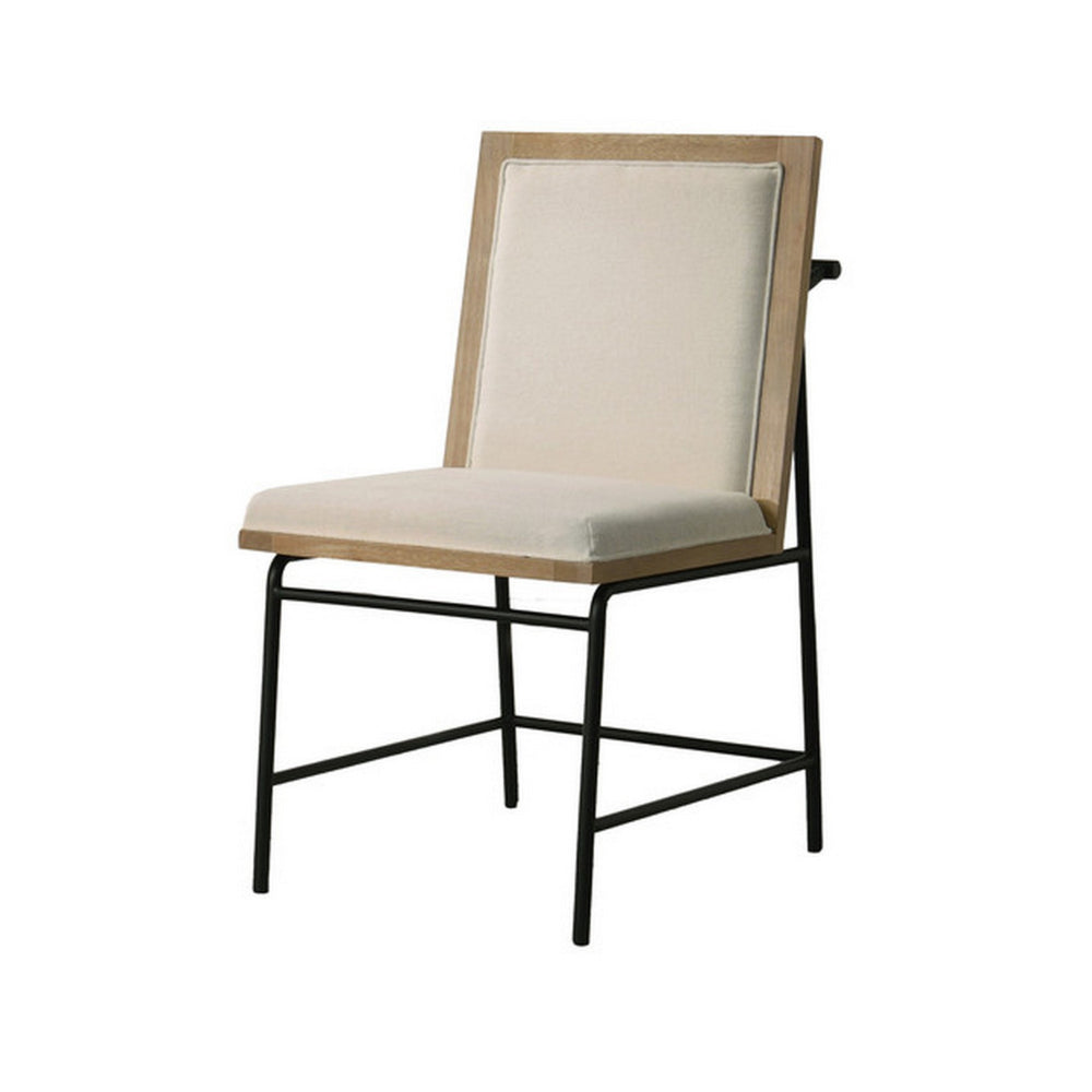 Benjara Tory 25 Inch Dining Chair Set of 2, Cream Fabric, Brown Wood, Black Metal