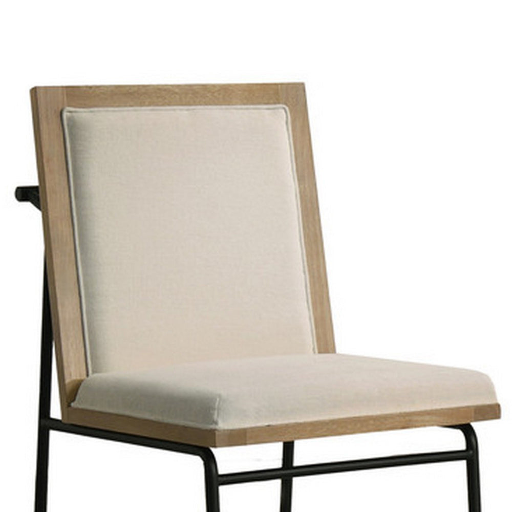 Benjara Tory 25 Inch Dining Chair Set of 2, Cream Fabric, Brown Wood, Black Metal