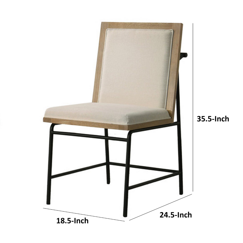 Benjara Tory 25 Inch Dining Chair Set of 2, Cream Fabric, Brown Wood, Black Metal
