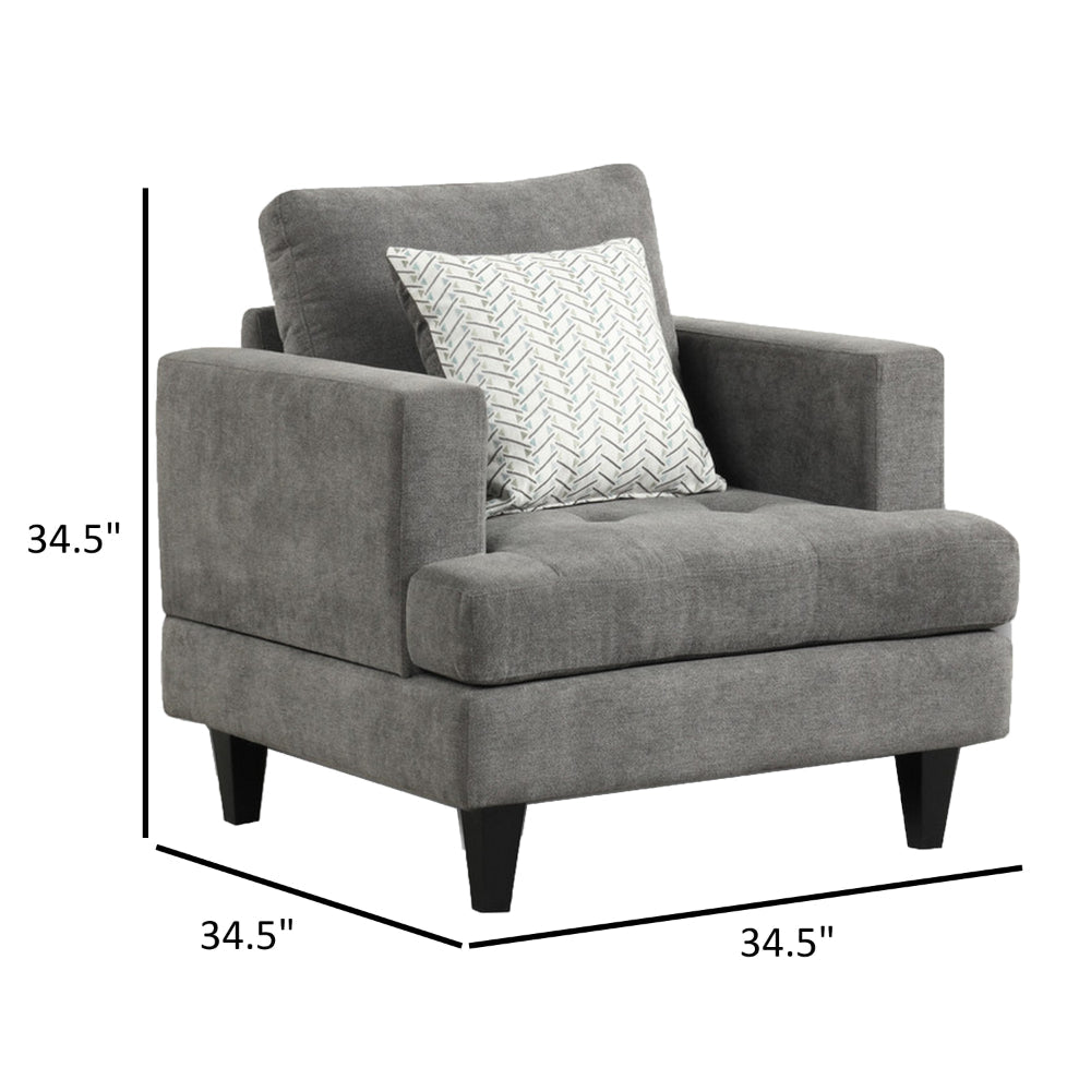 Benjara Lae 35 Inch Sofa Chair, 1 Throw Pillow, Tufted, Gray Chenille Upholstery