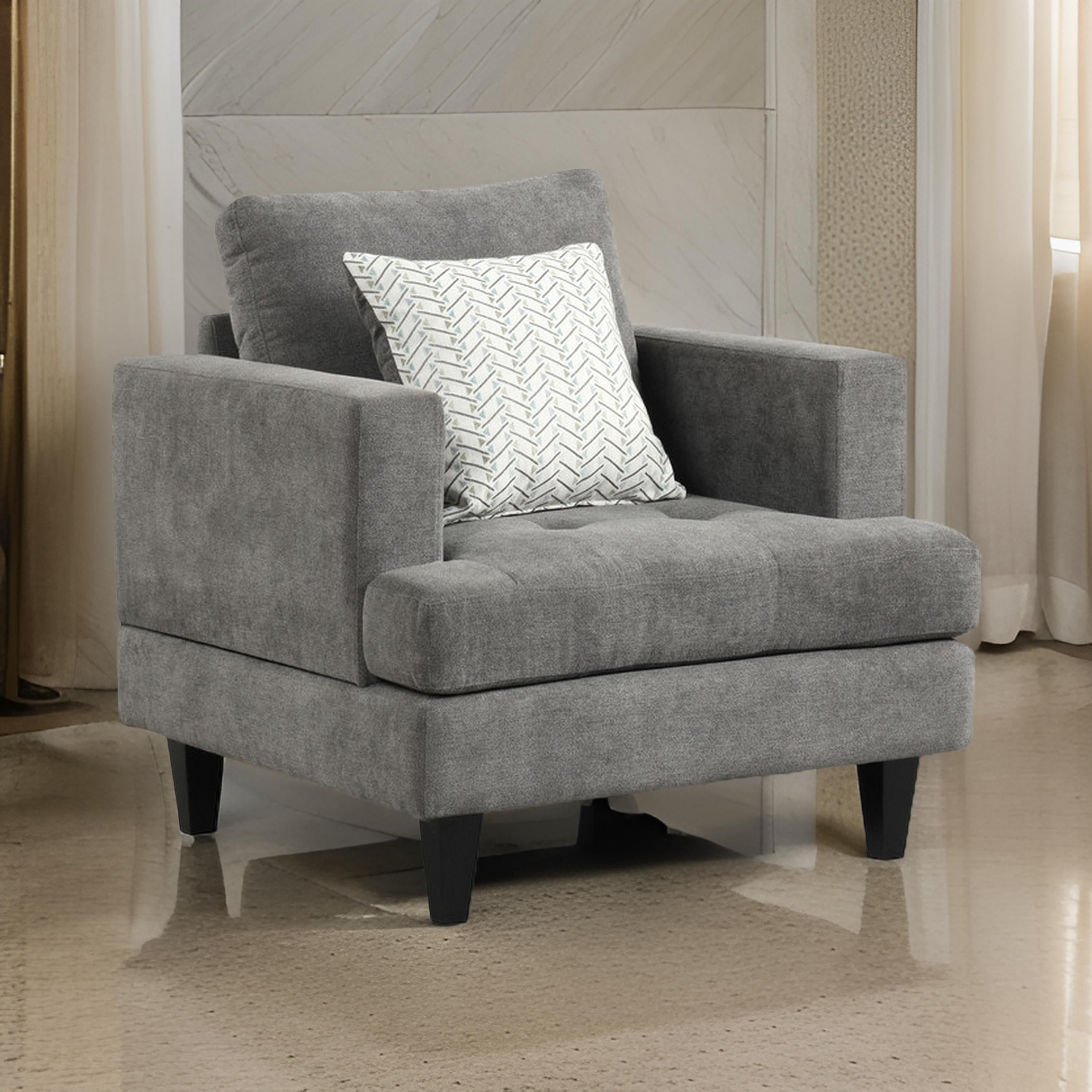 Benjara Lae 35 Inch Sofa Chair, 1 Throw Pillow, Tufted, Gray Chenille Upholstery