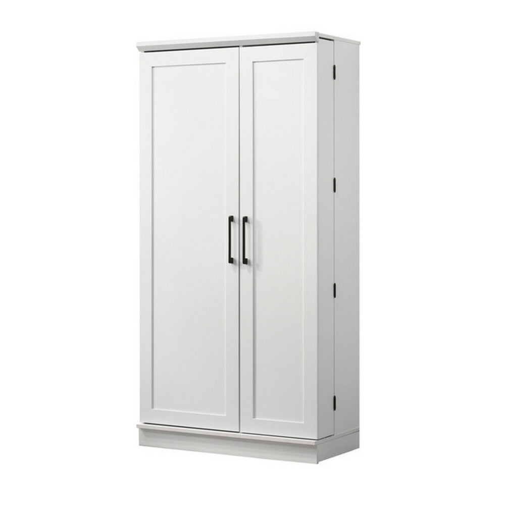 Benjara Coe 71 Inch Storage Cabinet Wardrobe with Swing Out Door, White Solid Wood