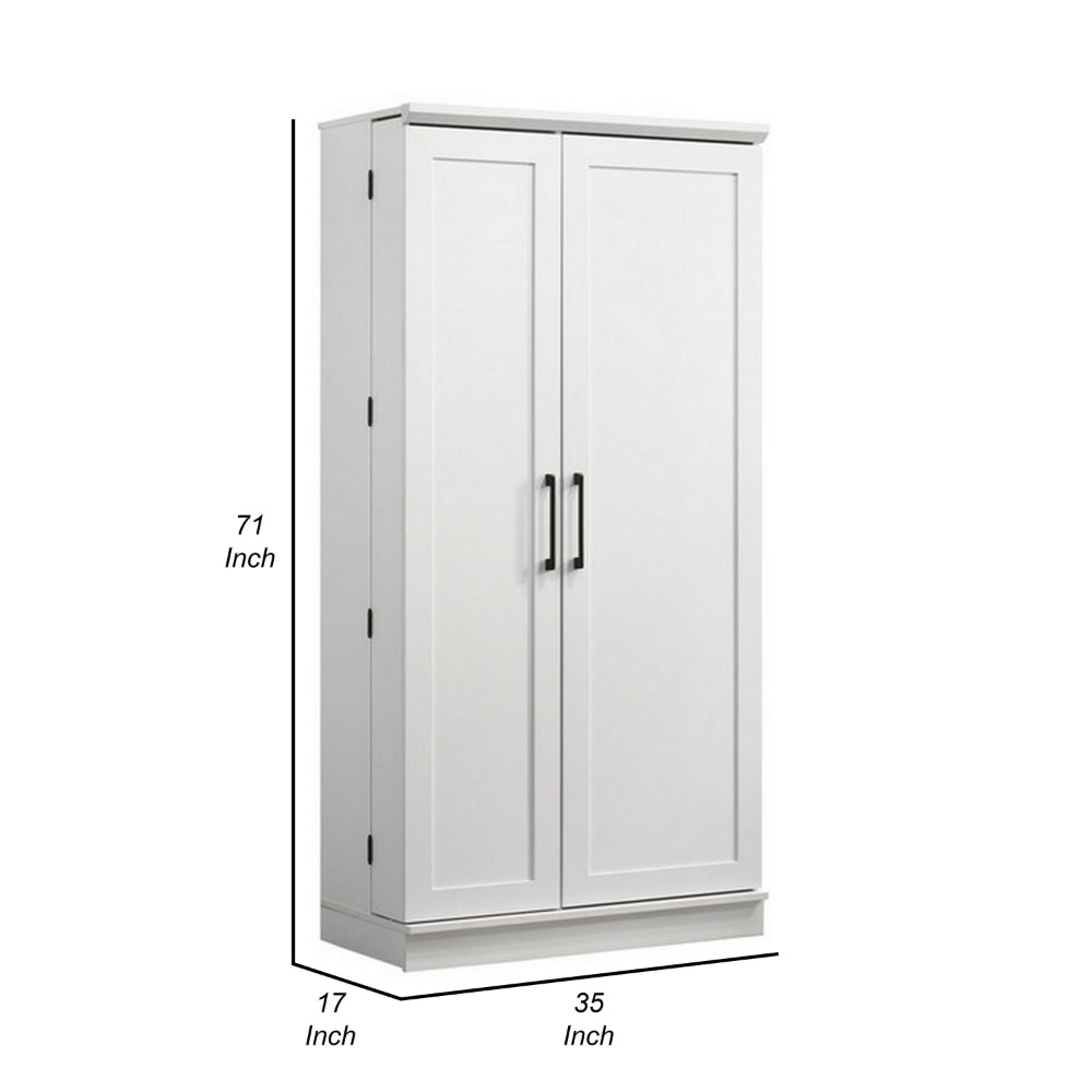 Benjara Coe 71 Inch Storage Cabinet Wardrobe with Swing Out Door, White Solid Wood