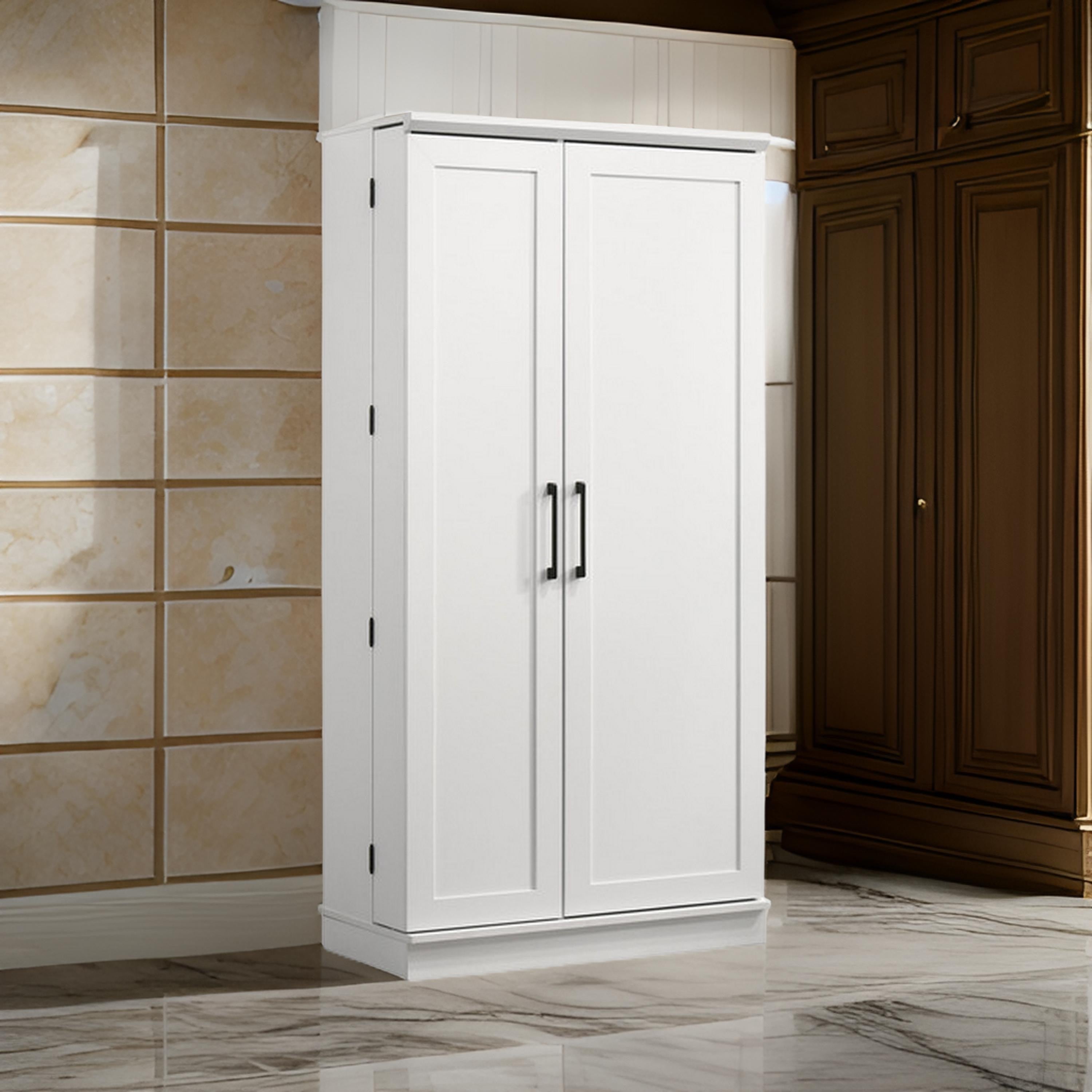 Benjara Coe 71 Inch Storage Cabinet Wardrobe with Swing Out Door, White Solid Wood