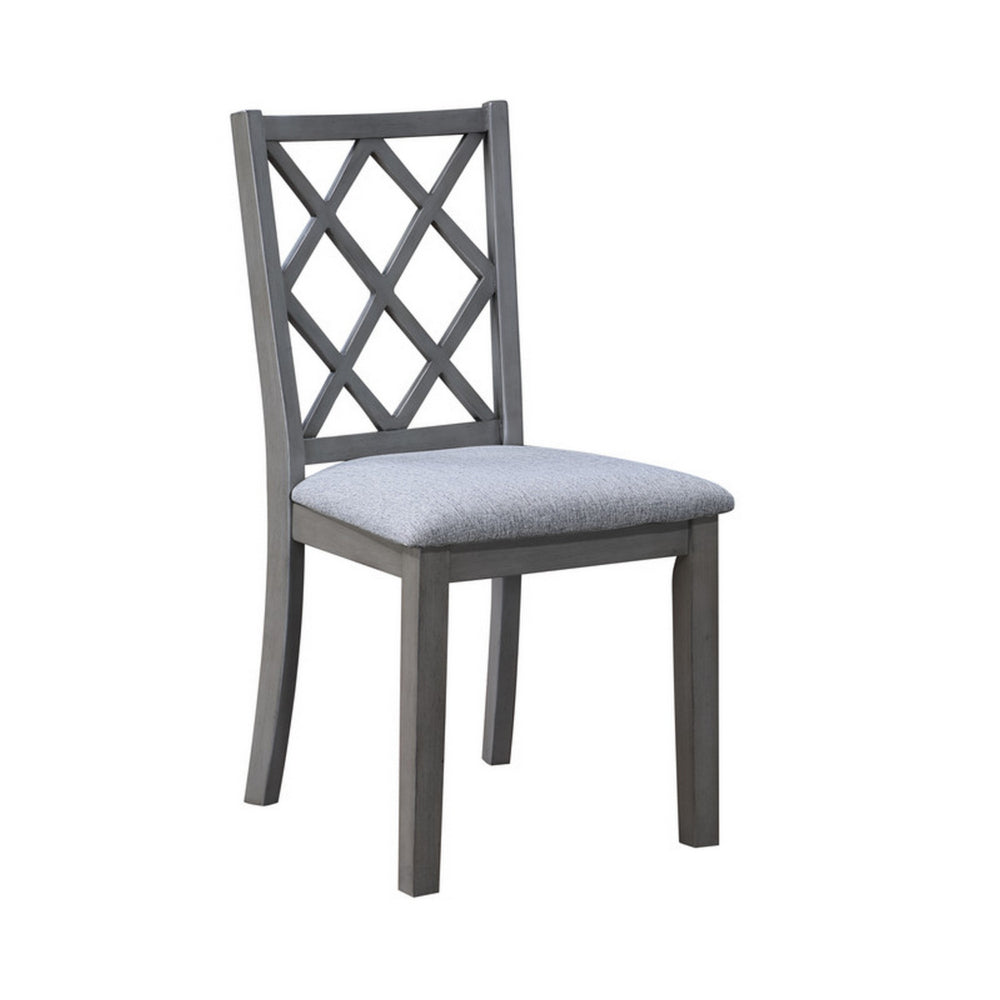 Benjara Lisle 21 Inch Dining Chair Set of 2, Cushioned, Cross Back, Gray Solid Wood
