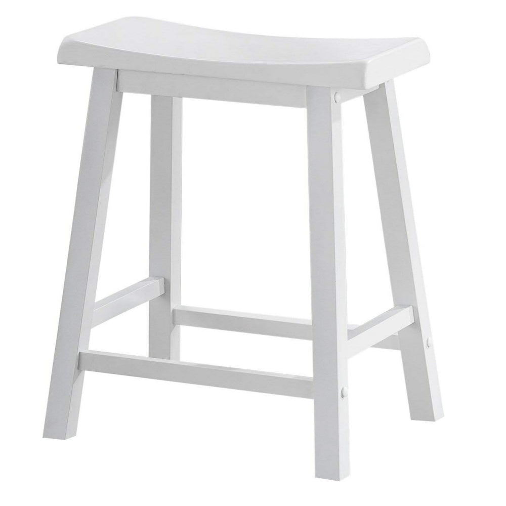 Benjara Lon 24 Inch Counter Height Stool Set of 2, Backless Saddle Seat, White Wood