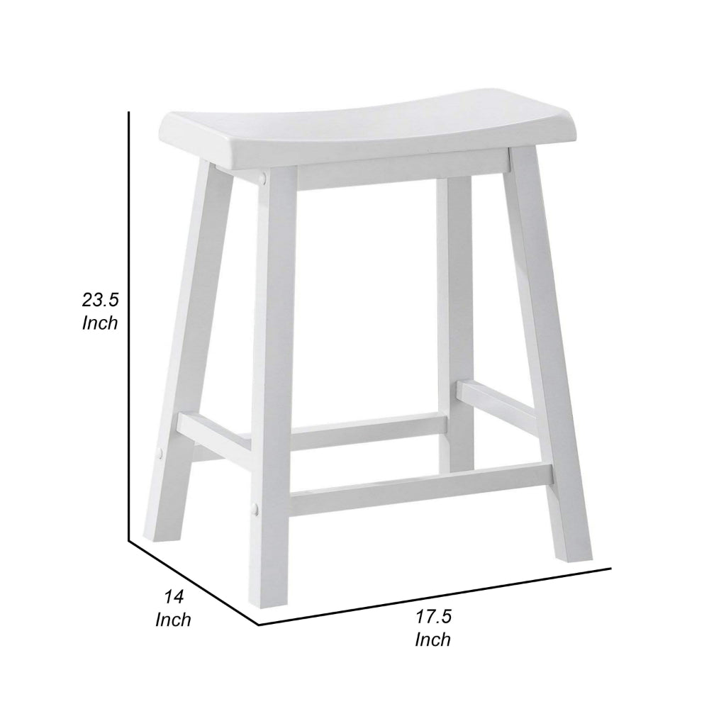Benjara Lon 24 Inch Counter Height Stool Set of 2, Backless Saddle Seat, White Wood