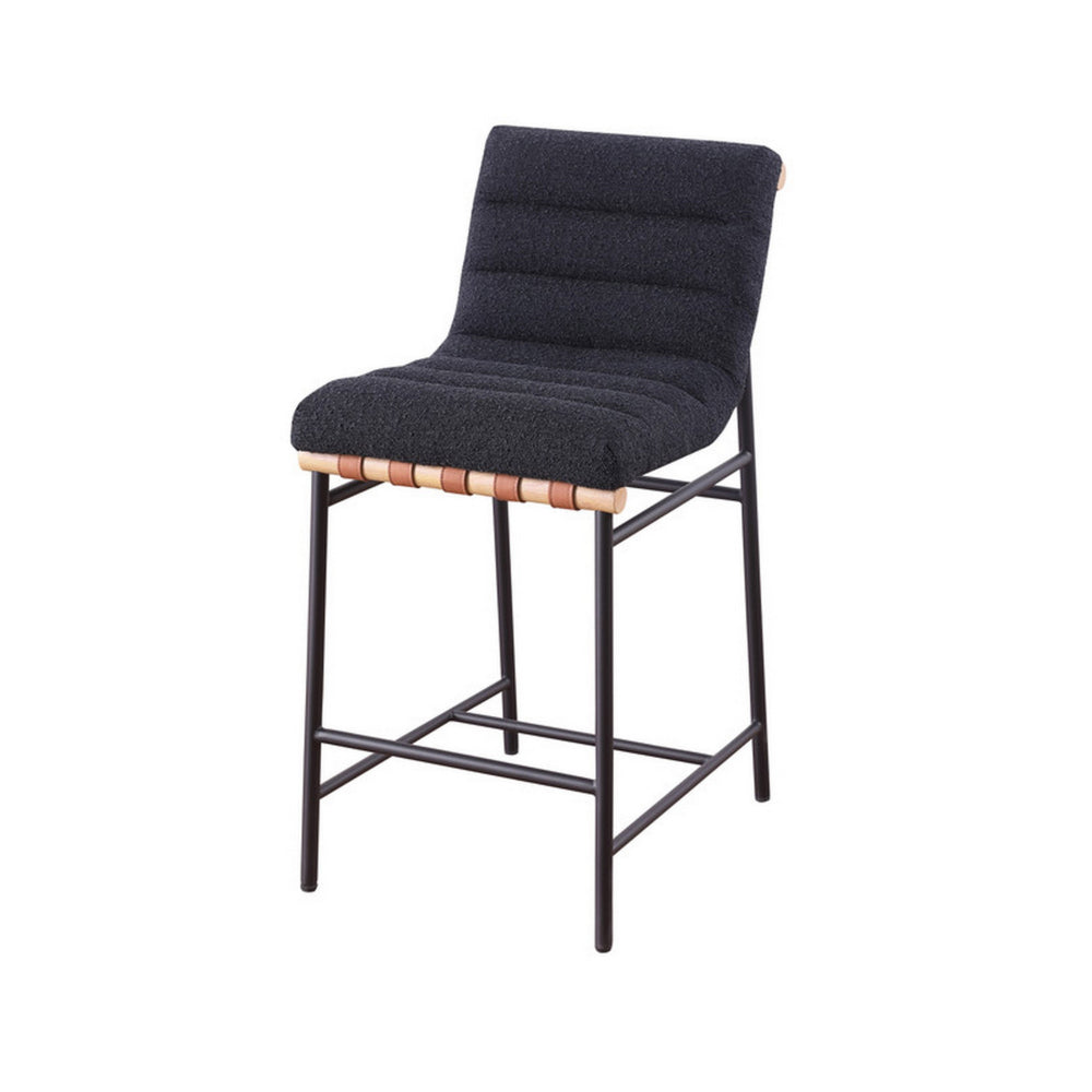 Benjara Kive 24 Inch Counter Height Stool Chair, Black Boucle Channel Tufted Seat, Steel