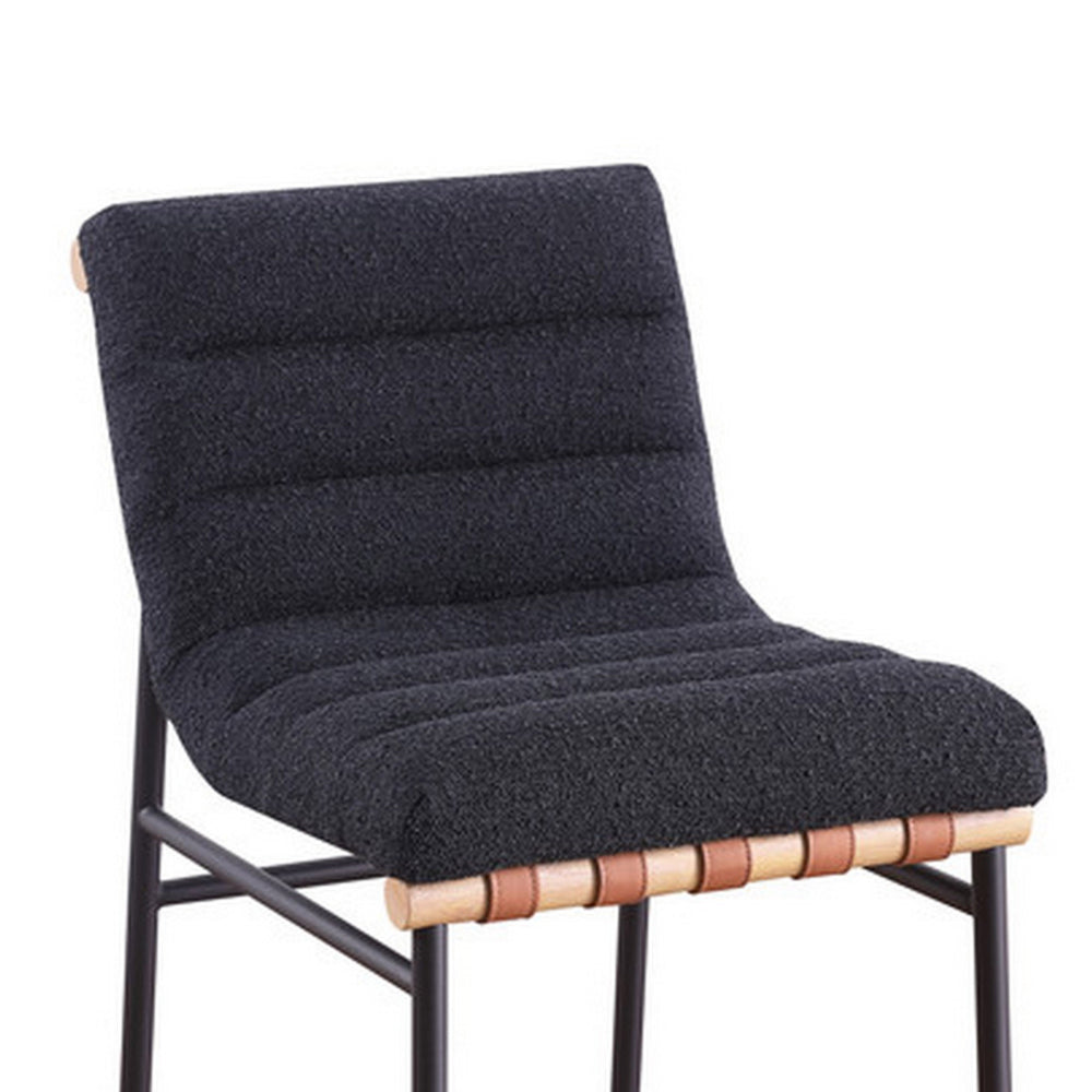 Benjara Kive 24 Inch Counter Height Stool Chair, Black Boucle Channel Tufted Seat, Steel