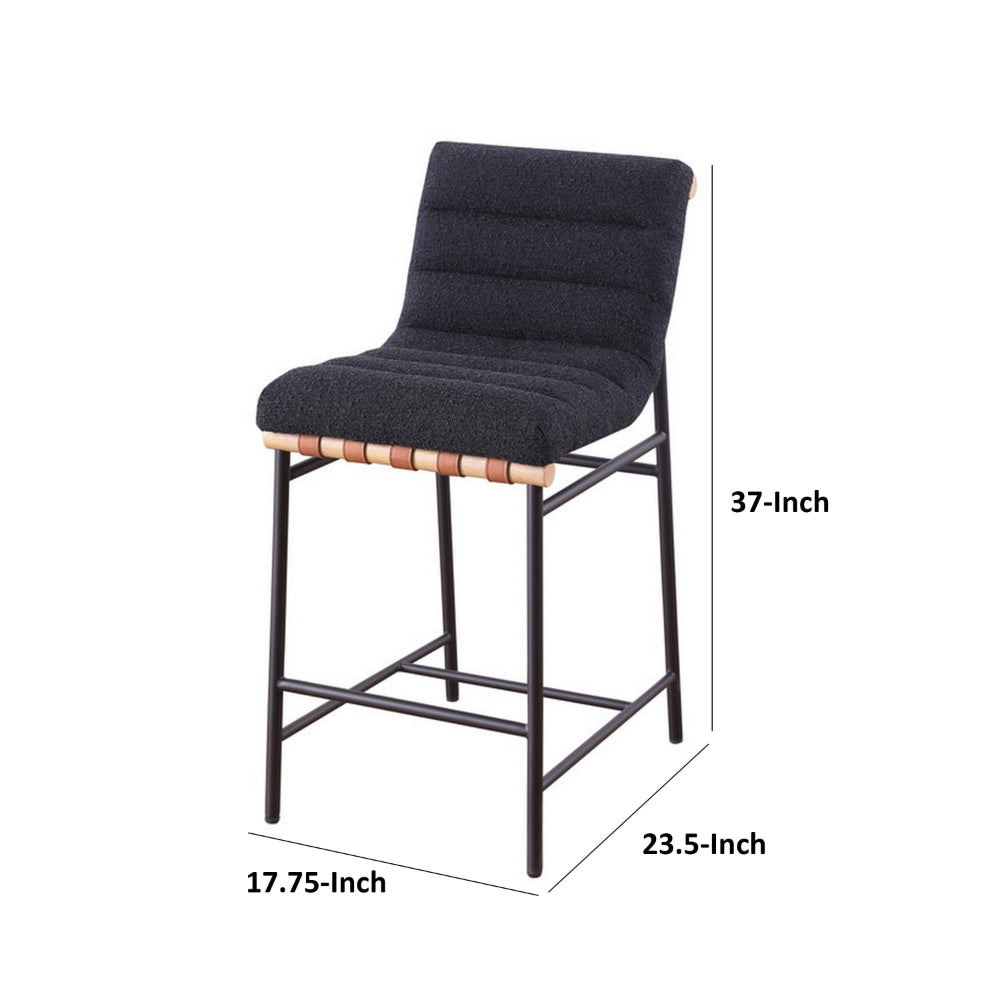 Benjara Kive 24 Inch Counter Height Stool Chair, Black Boucle Channel Tufted Seat, Steel