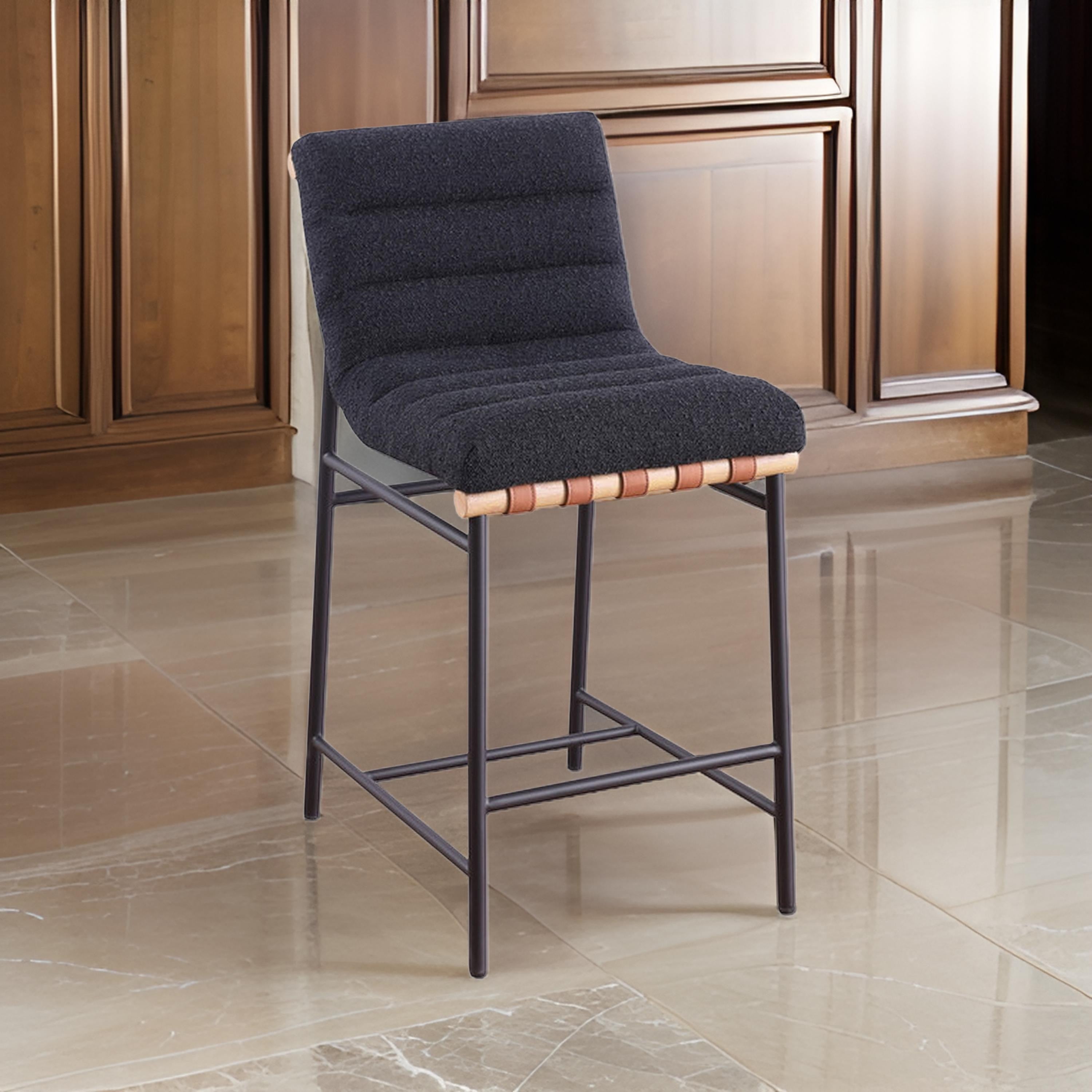 Benjara Kive 24 Inch Counter Height Stool Chair, Black Boucle Channel Tufted Seat, Steel