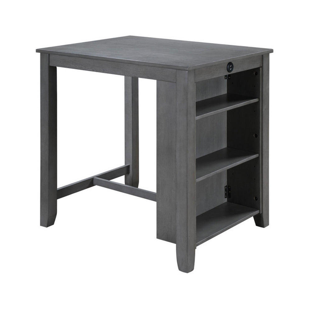 Benjara Ham 36 Inch Counter Height Small Dining Table with Shelves, USB Port, Gray